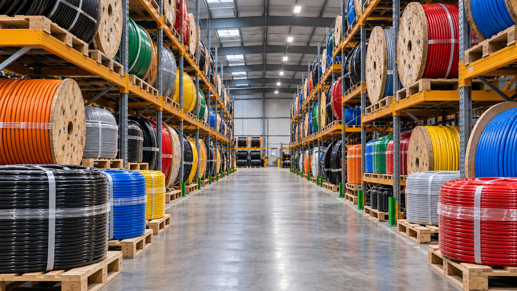 Colourful cable drums and full conipacks on warehouse racking